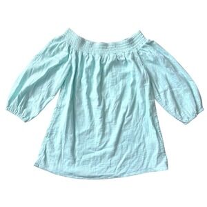 Vineyard Vines Off Shoulder Smocked Cotton Gauze Blouse‎ Top Aqua Blue XS